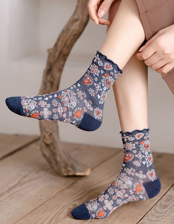 2 Paar Baumwollsocken Mit Glänzendem Vintage-blumenmuster