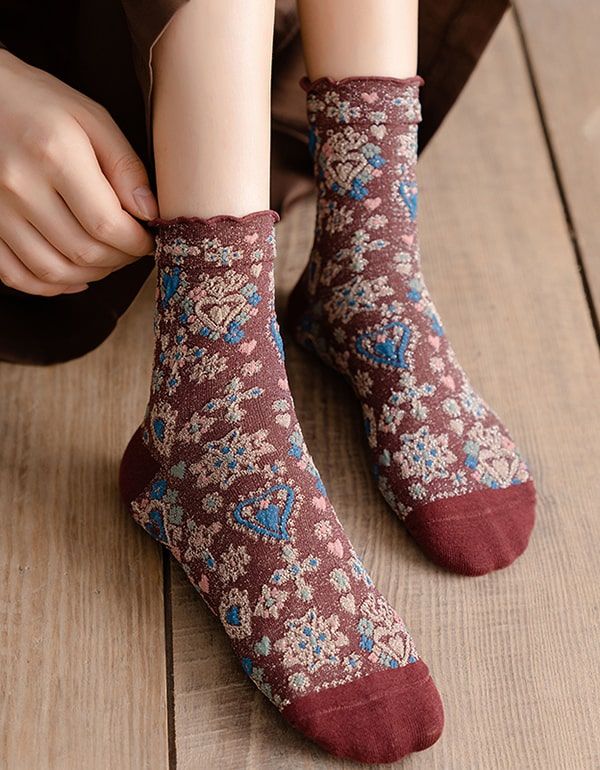 2 Paar Baumwollsocken Mit Glänzendem Vintage-blumenmuster