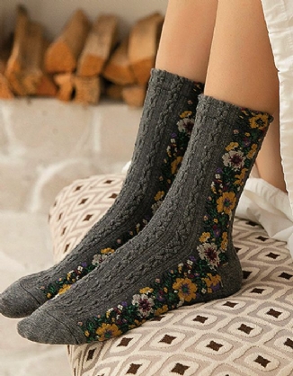 4 Paar Vintage Socken Damen Lange Schlauchsocken Floral