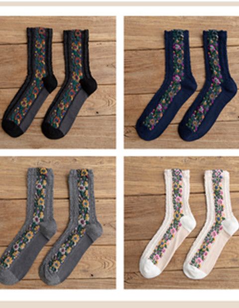 4 Paar Vintage Socken Damen Lange Schlauchsocken Floral