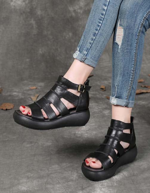 Damen-retro-leder-knöchelriemen-sandalen Schwarz