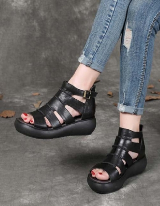 Damen-retro-leder-knöchelriemen-sandalen Schwarz