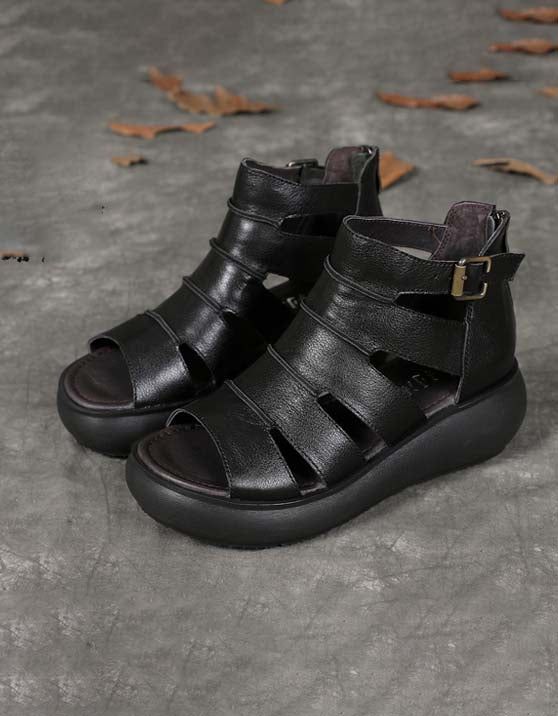 Damen-retro-leder-knöchelriemen-sandalen Schwarz