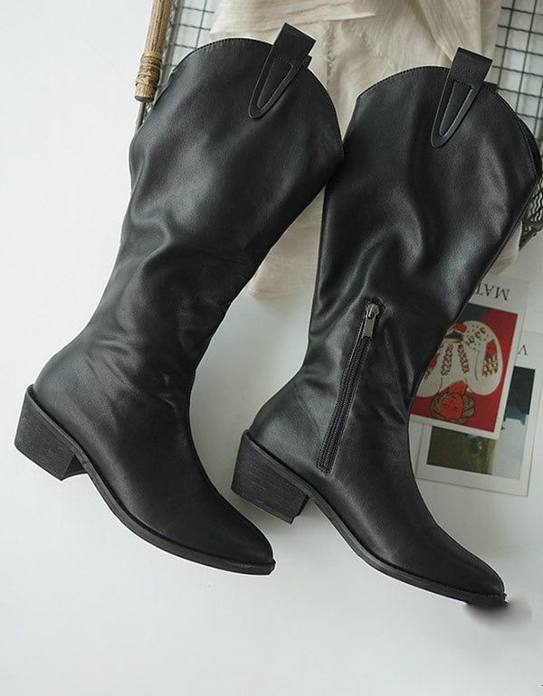 Damen Retro Spitzkopf Lange Lederstiefel