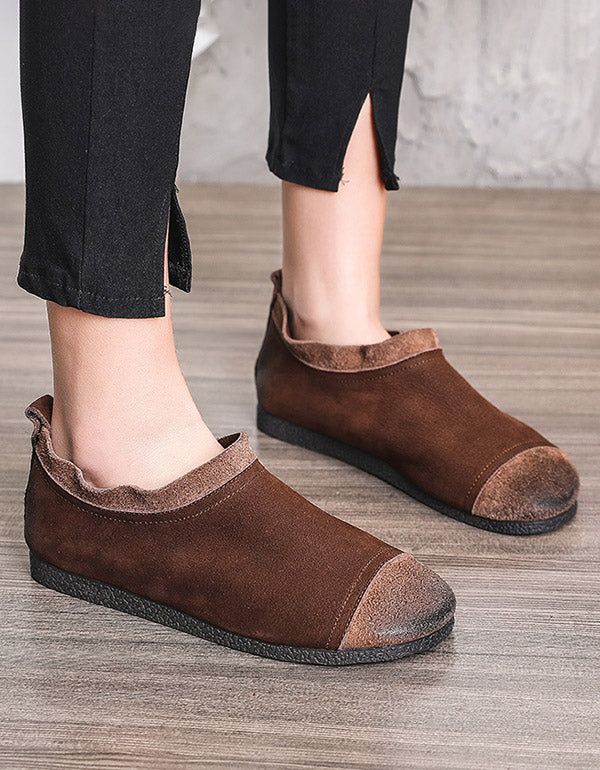 Flache Weiche Damenschuhe Aus Leder Mit Retro-holznähten