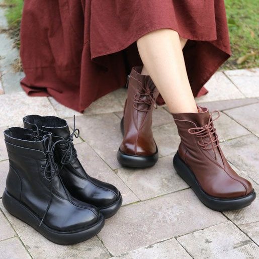 Handgefertigte Bequeme Retro-keilstiefel Zum Schnüren