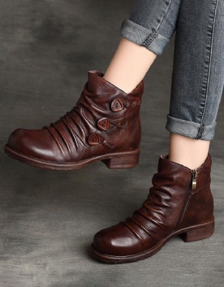 Handgefertigte Plissierte Retro-lederstiefel Für Damen