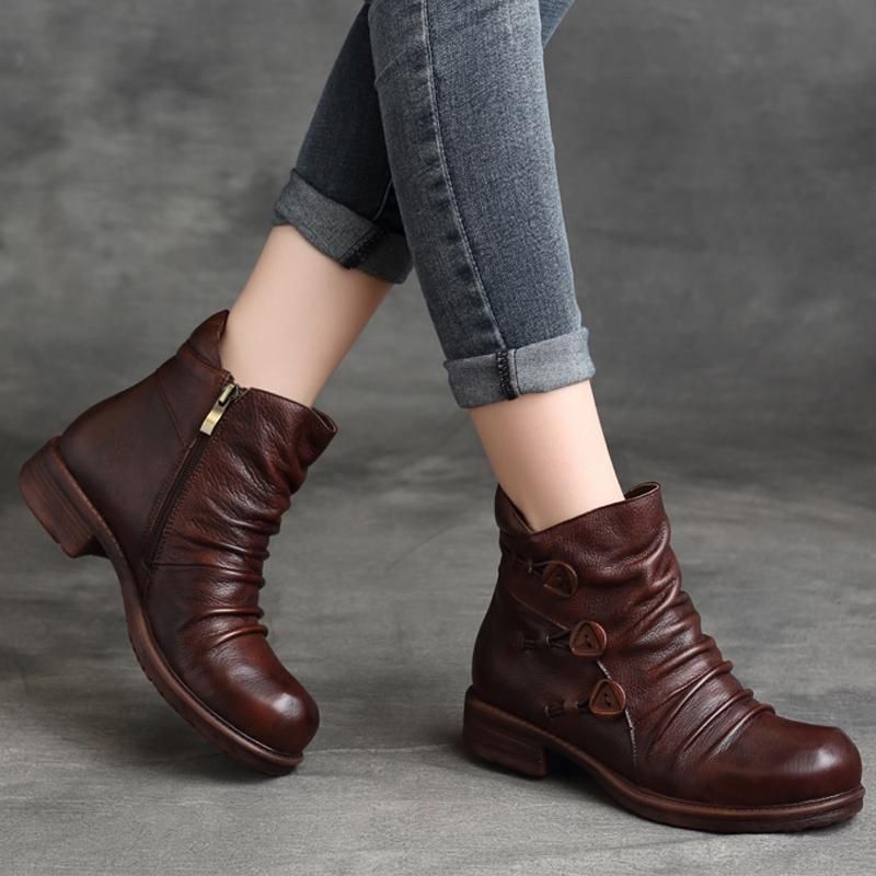 Handgefertigte Plissierte Retro-lederstiefel Für Damen