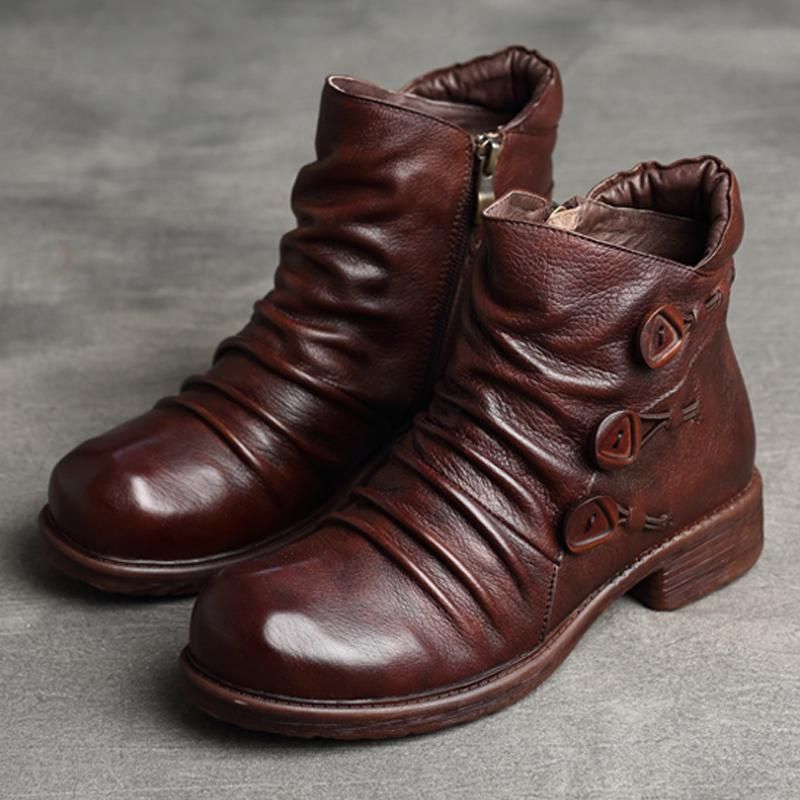 Handgefertigte Plissierte Retro-lederstiefel Für Damen