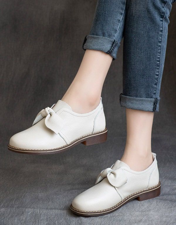 Handgefertigte Retro-flache Schuhe Aus Echtem Leder Mit Bowknot