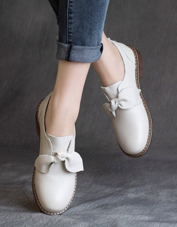 Handgefertigte Retro-flache Schuhe Aus Echtem Leder Mit Bowknot