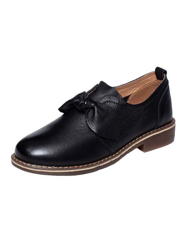 Handgefertigte Retro-flache Schuhe Aus Echtem Leder Mit Bowknot