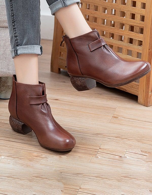 Herbst Bequeme Vintage Leder Chunky Boots