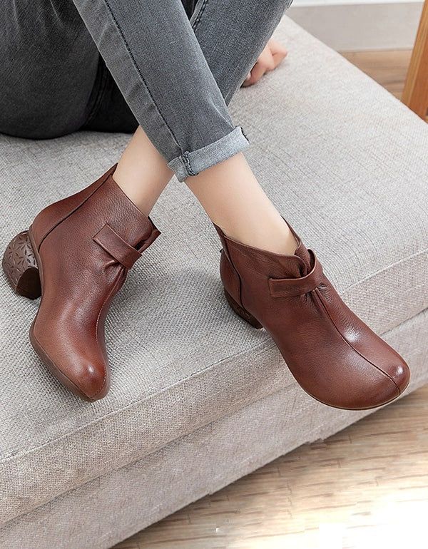 Herbst Bequeme Vintage Leder Chunky Boots