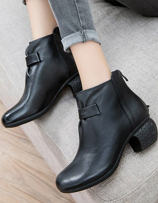 Herbst Bequeme Vintage Leder Chunky Boots