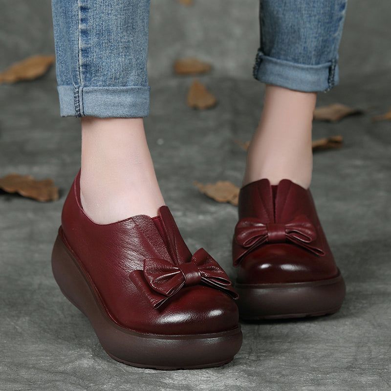 Herbst Leder Retro Bowknot Plateauschuhe