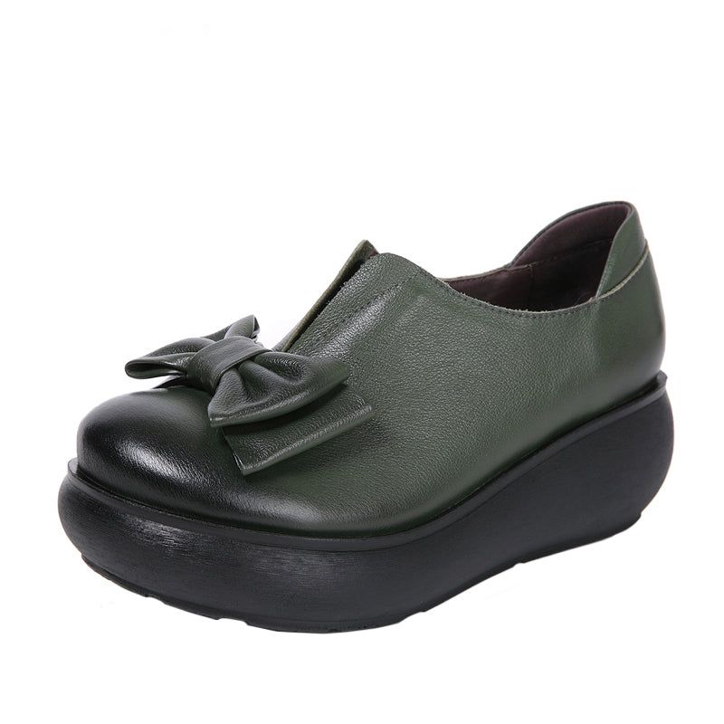 Herbst Leder Retro Bowknot Plateauschuhe