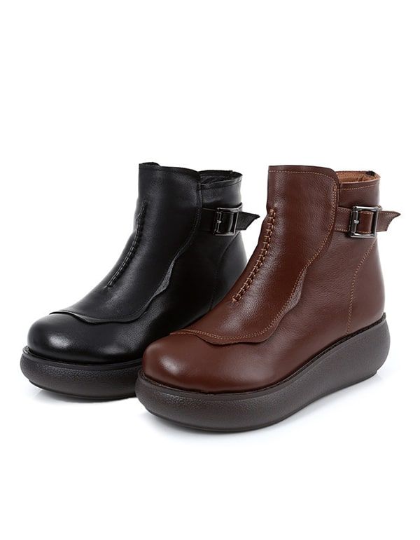 Herbst-winter-retro-leder-keilstiefel Für Frauen