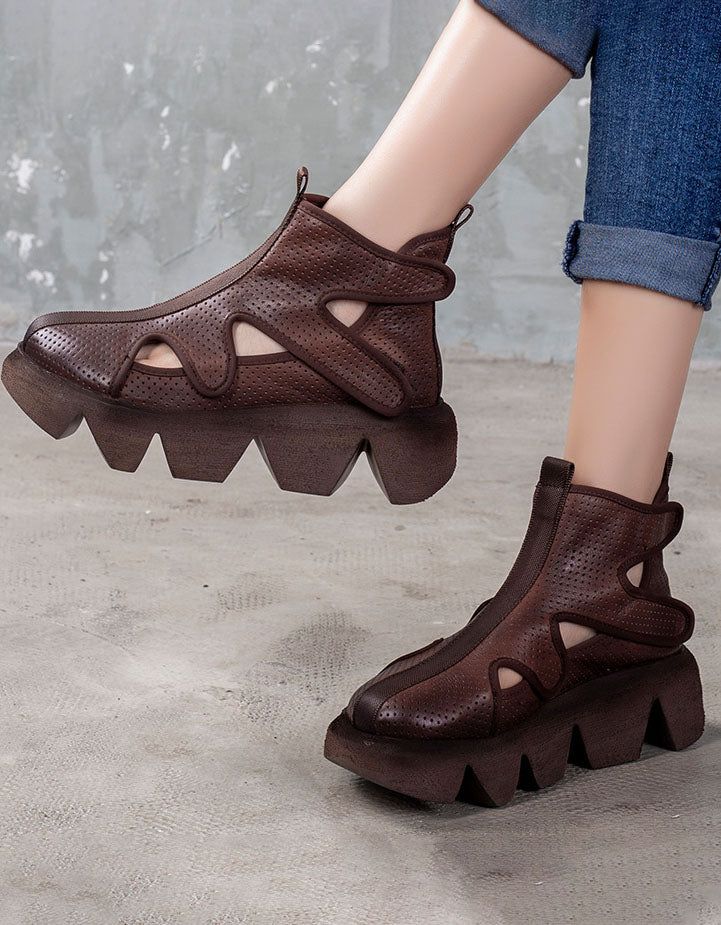 Hohle Retro-plateau-sandalen Mit Klettverschluss Vorne