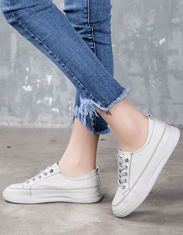 Lässige Ledersneaker Für Damen Weiß