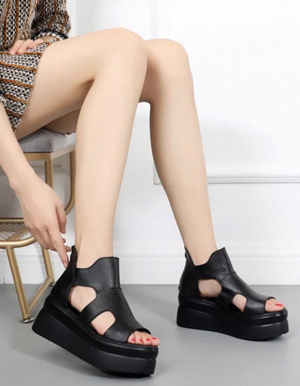 Offene Sommer-plateau-sandalen Schwarz