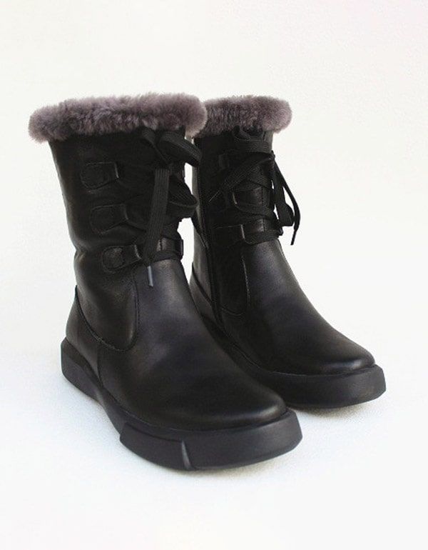 Retro-leder-winterstiefel Zum Schnüren Aus Schafsfell