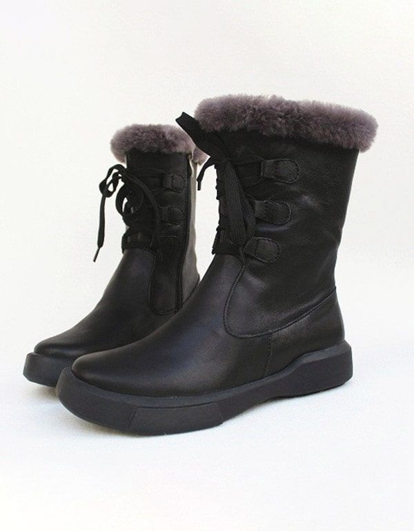 Retro-leder-winterstiefel Zum Schnüren Aus Schafsfell