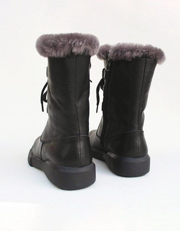 Retro-leder-winterstiefel Zum Schnüren Aus Schafsfell