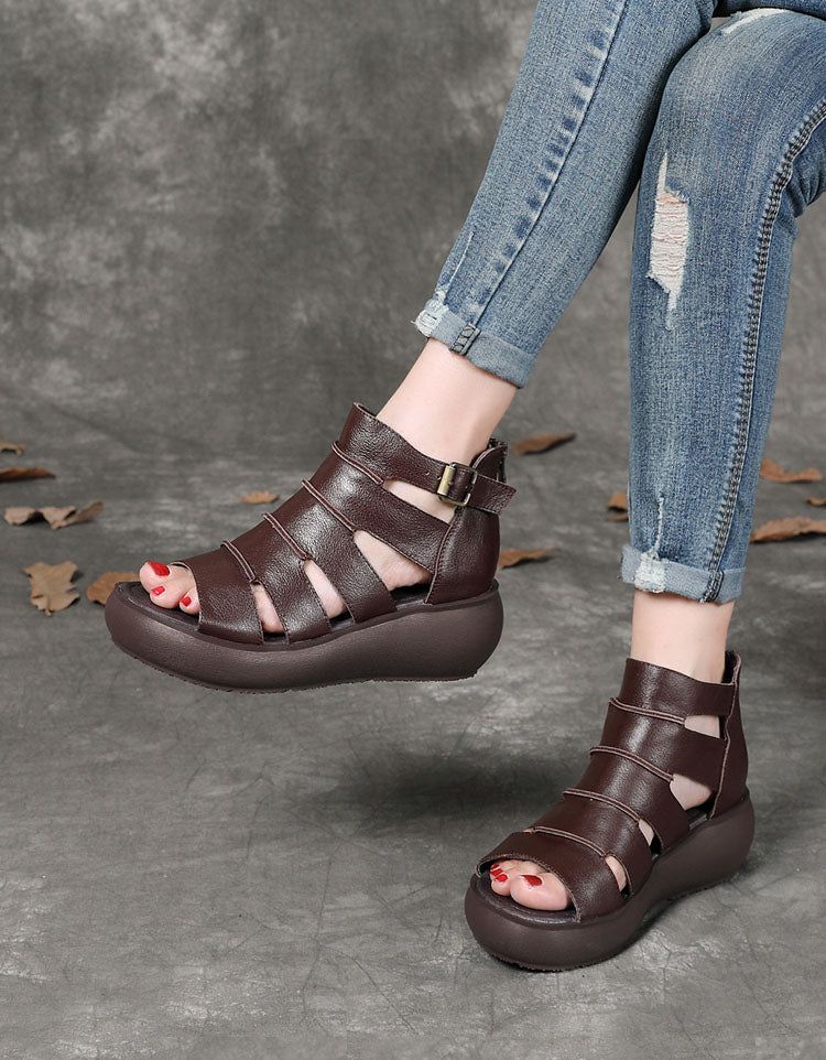 Retro-ledersandalen Mit Knöchelriemchen Für Damen