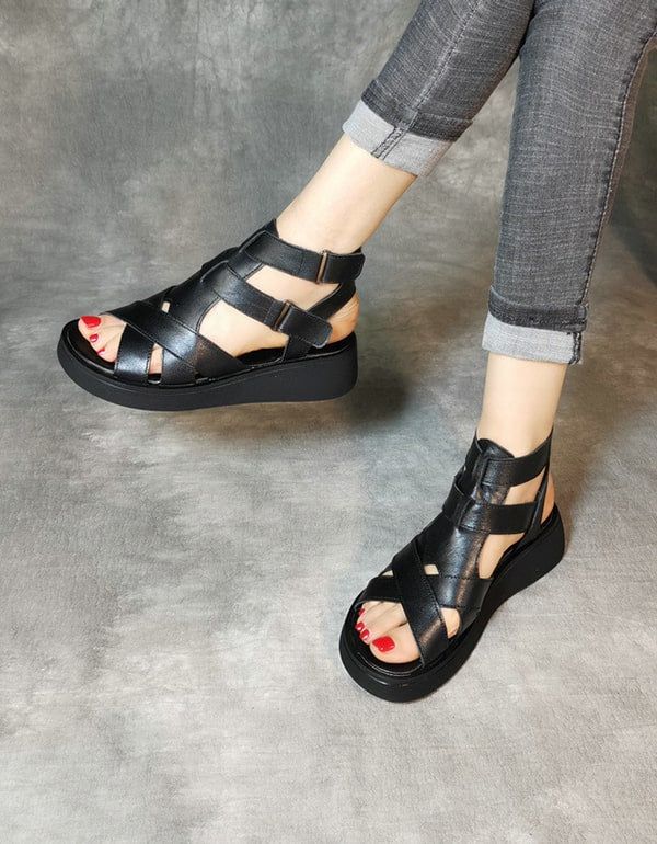 Retro-sommer-riemchensandalen Aus Leder Für Damen