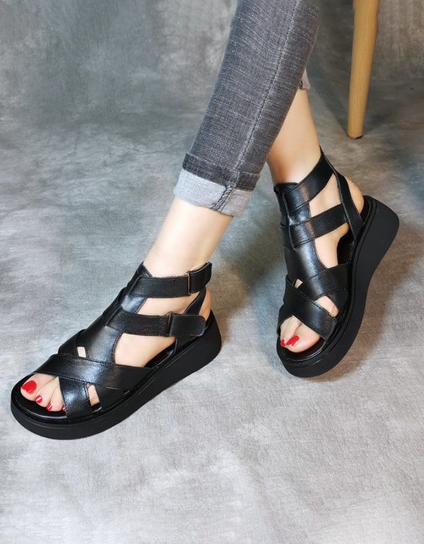 Retro-sommer-riemchensandalen Aus Leder Für Damen