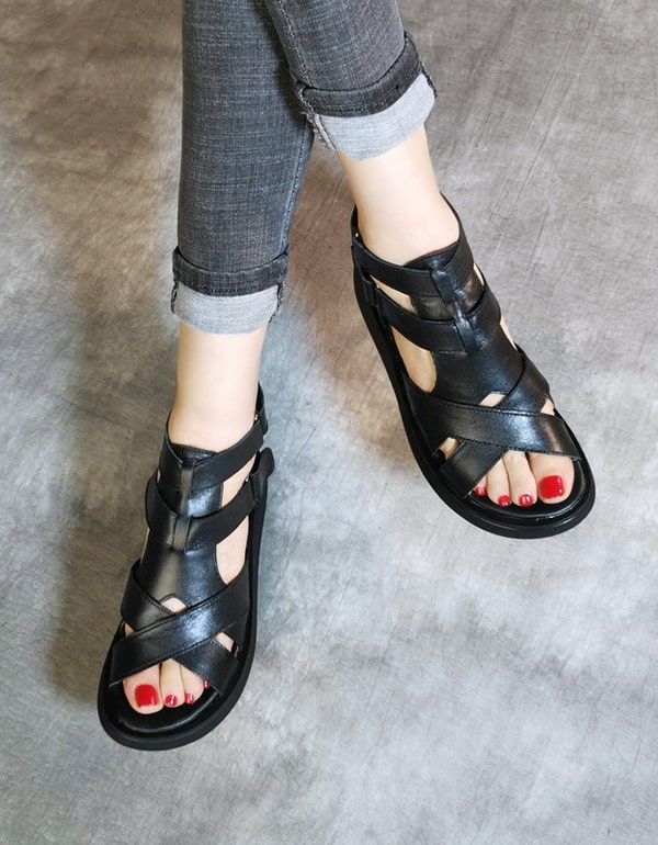 Retro-sommer-riemchensandalen Aus Leder Für Damen