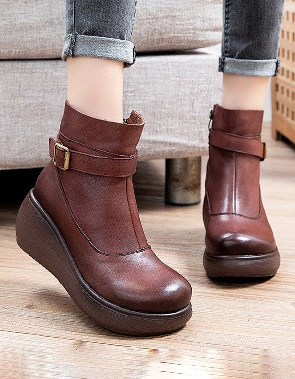 Rutschfeste Retro-keilstiefel Aus Leder Für Den Winter