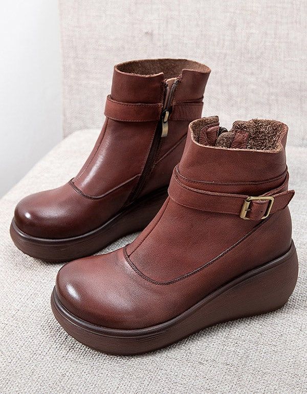 Rutschfeste Retro-keilstiefel Aus Leder Für Den Winter