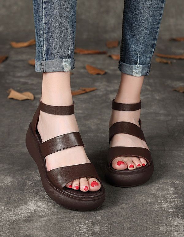 Sommer-ledersandalen Mit Keilabsatz Schwarz