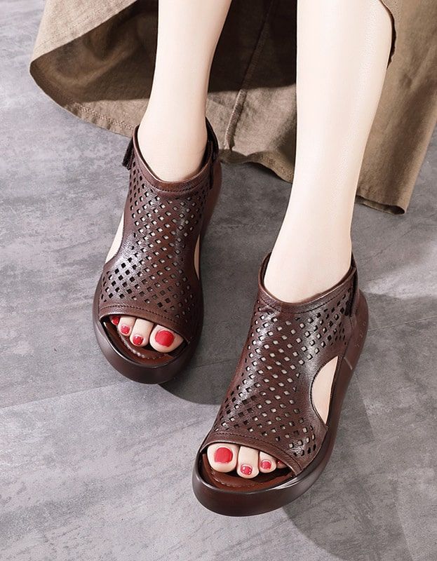 Sommersandalen Aus Leder Im Retro-stil Mit Klettverschluss