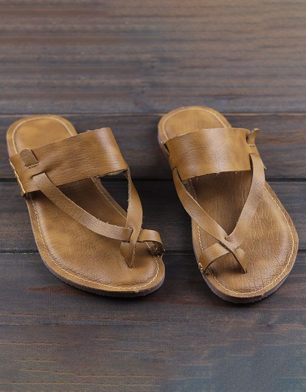 Flache Retro-flip-flop-hausschuhe Aus Sommerleder