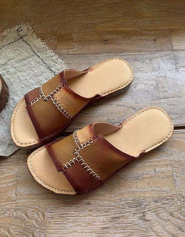 Retro-slipper Aus Leder Mit Farbnähten Für Damen