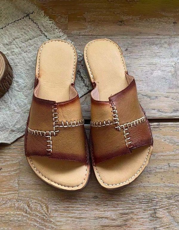 Retro-slipper Aus Leder Mit Farbnähten Für Damen