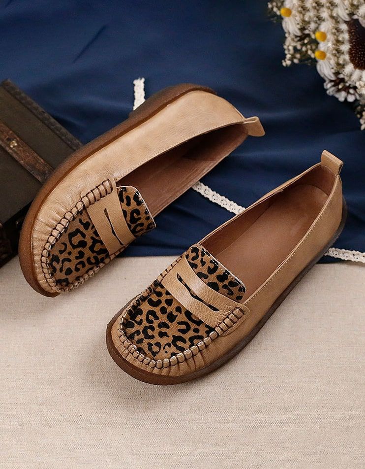 Flache Bequeme Loafer Aus Leder Im Retro-stil Mit Leopardenmuster