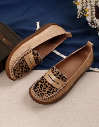 Flache Bequeme Loafer Aus Leder Im Retro-stil Mit Leopardenmuster