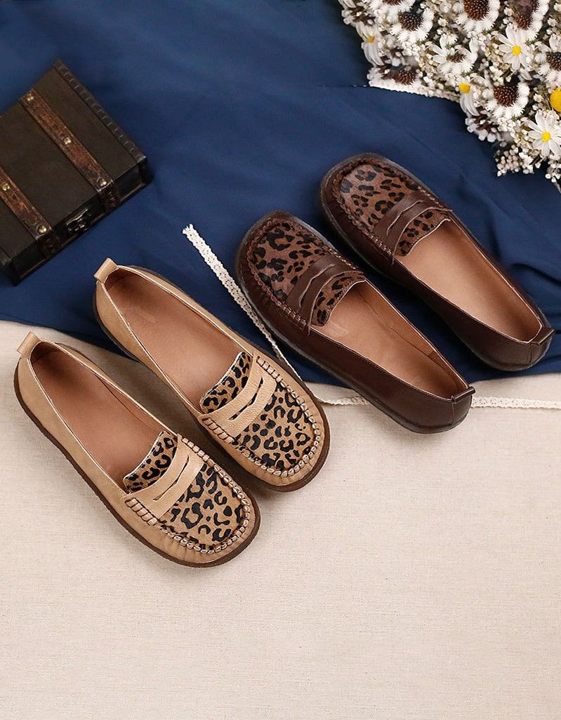 Flache Bequeme Loafer Aus Leder Im Retro-stil Mit Leopardenmuster