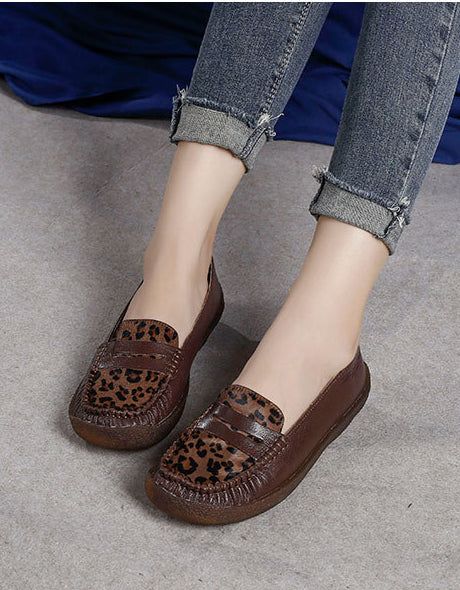 Flache Bequeme Loafer Aus Leder Im Retro-stil Mit Leopardenmuster