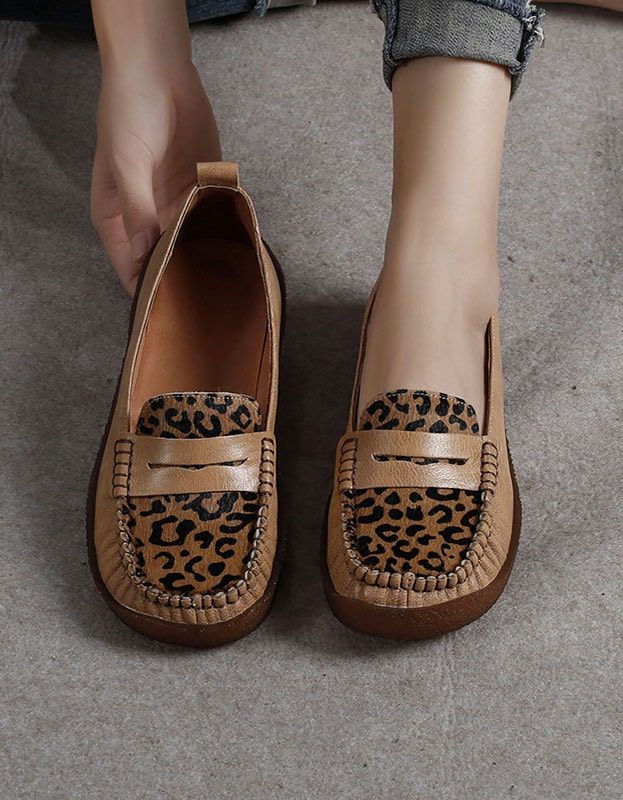 Flache Bequeme Loafer Aus Leder Im Retro-stil Mit Leopardenmuster