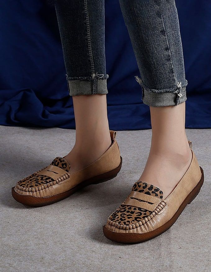 Flache Bequeme Loafer Aus Leder Im Retro-stil Mit Leopardenmuster