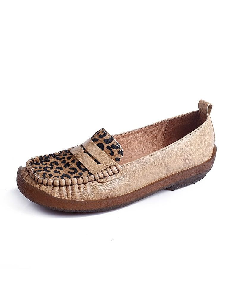 Flache Bequeme Loafer Aus Leder Im Retro-stil Mit Leopardenmuster