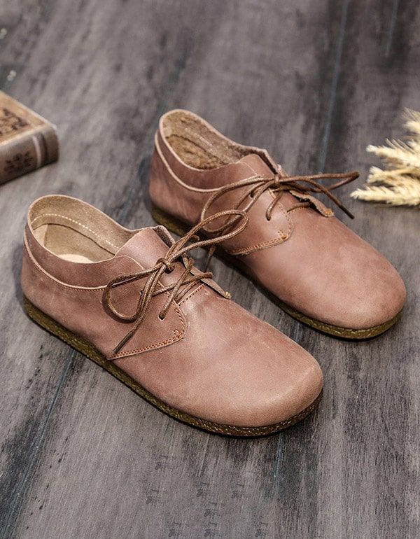 Flache Damenschuhe Zum Schnüren Aus Handgefertigtem Retro-leder