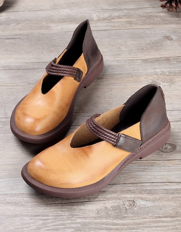 Flache Retro-schuhe Aus Handgefertigtem Leder Für Damen