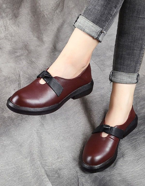 Flache Retro-schuhe Aus Weichem Leder Mit Schleife Im Herbst