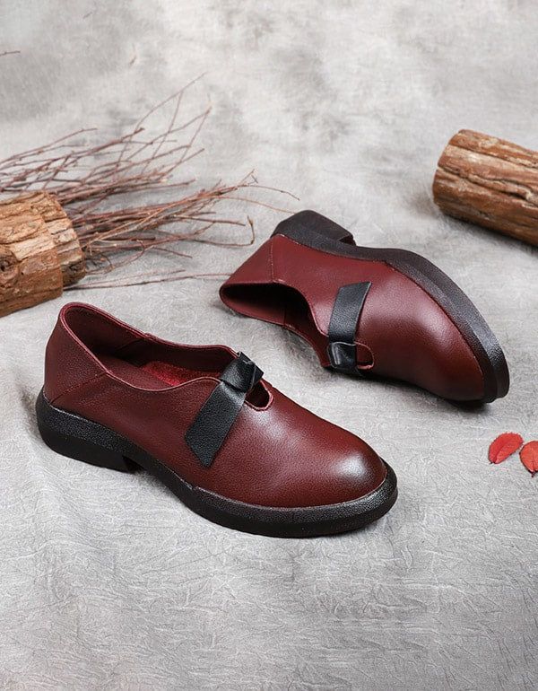 Flache Retro-schuhe Aus Weichem Leder Mit Schleife Im Herbst